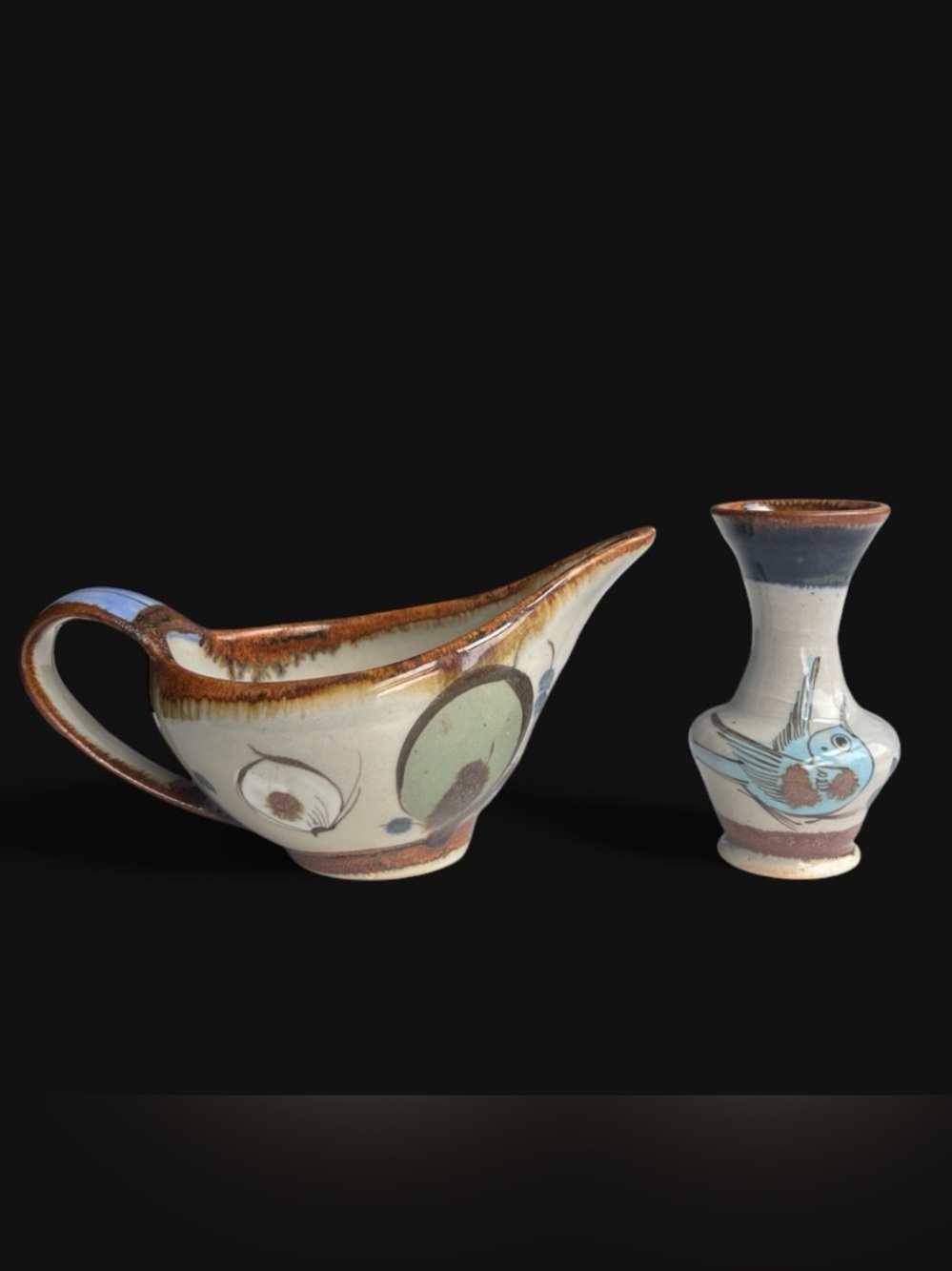 Ken Edwards hand-painted signed Mexican folk art ceramic creamer and bud vase